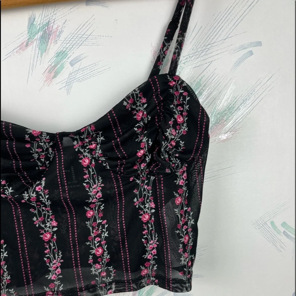 Forever 21 Black Pink Floral Print Cropped Bra Top - Picture 3 of 8